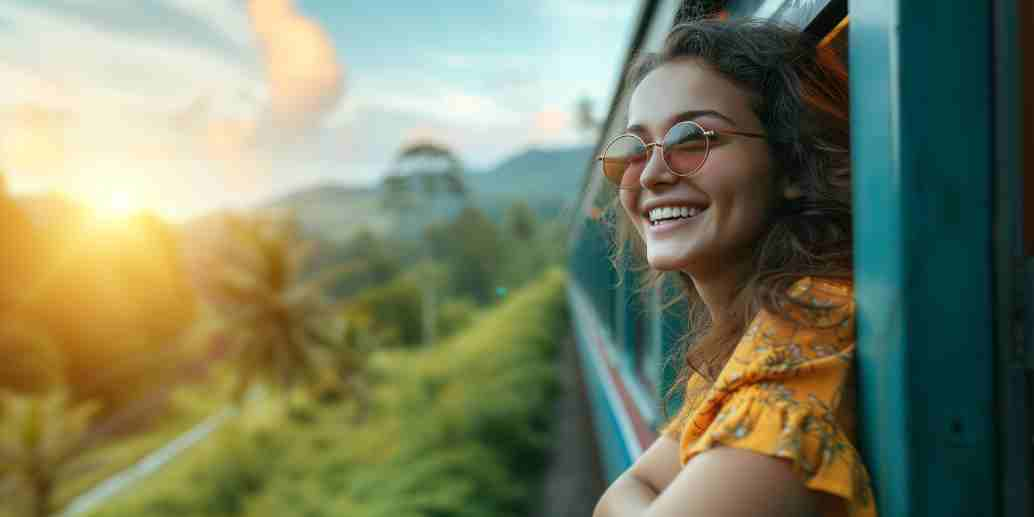 Femme avec un t-shirt jaune et des lunettes dans un train et regarde par la fenêtre le paysage naturel